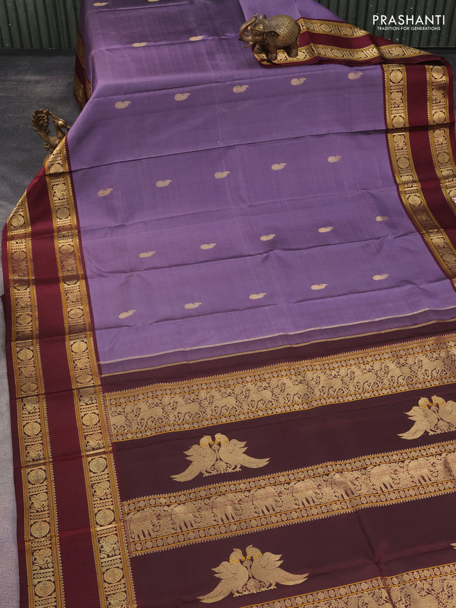 Pure kanchipuram silk saree lavender shade and maroon with zari woven buttas and rettapet zari woven border