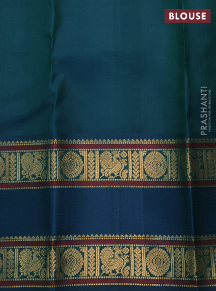 Pure kanchipuram silk saree dual shade of manthulir green and dual shade of peacock blue with zari woven buttas and rettapet zari woven border