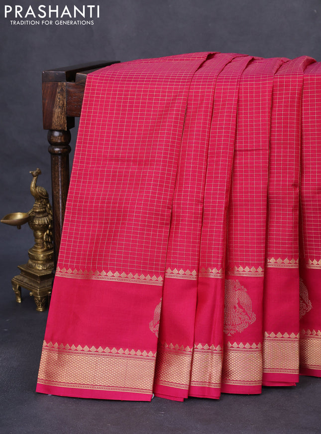 Pure kanchipuram silk saree pink with allover zari woven checked pattern and rettapet zari woven butta border