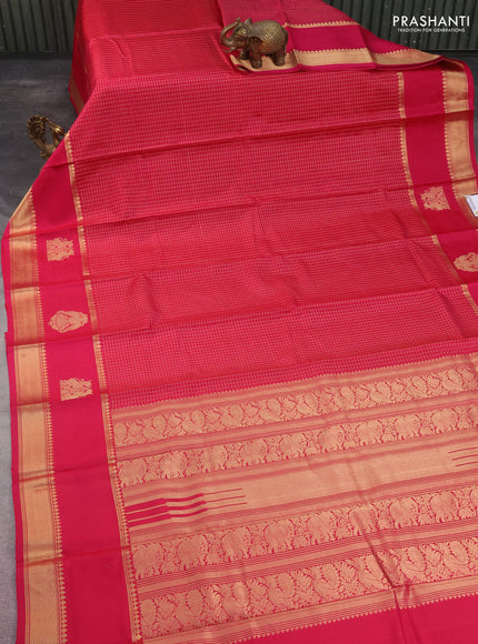 Pure kanchipuram silk saree pink with allover zari woven checked pattern and rettapet zari woven butta border