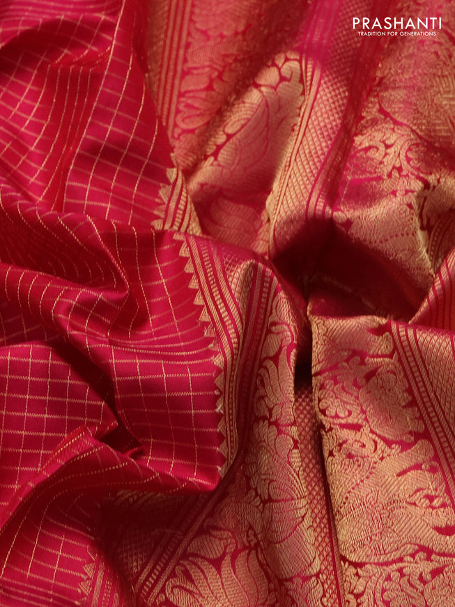 Pure kanchipuram silk saree pink with allover zari woven checked pattern and rettapet zari woven butta border