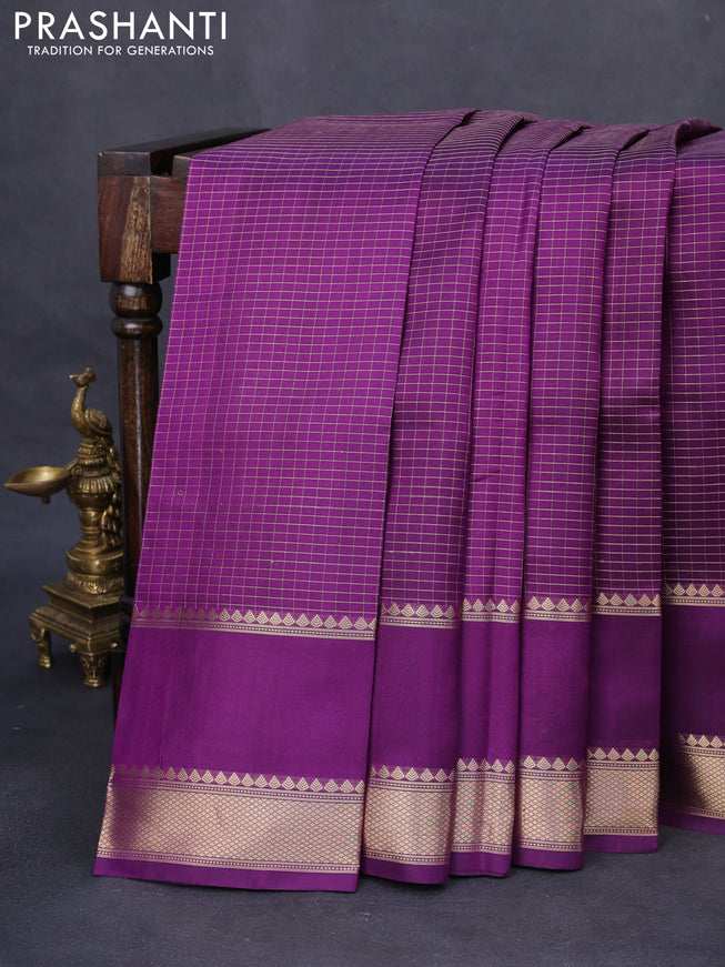 Pure kanchipuram silk saree purple with allover zari woven checked pattern and rettapet zari woven butta border