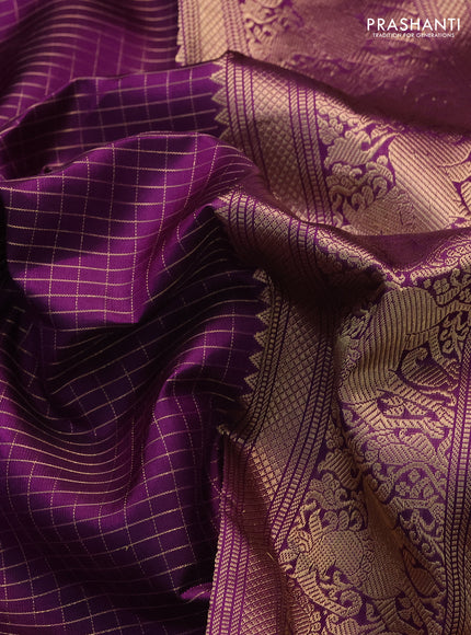 Pure kanchipuram silk saree purple with allover zari woven checked pattern and rettapet zari woven butta border