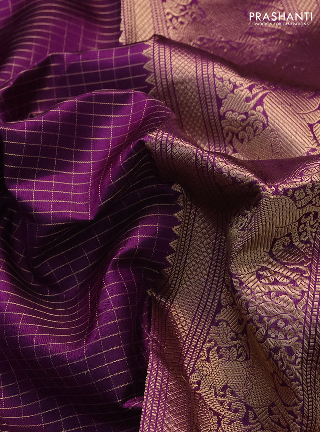 Pure kanchipuram silk saree purple with allover zari woven checked pattern and rettapet zari woven butta border