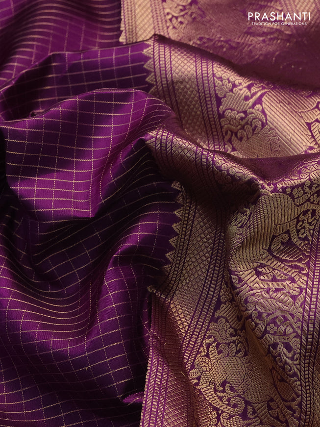 Pure kanchipuram silk saree purple with allover zari woven checked pattern and rettapet zari woven butta border