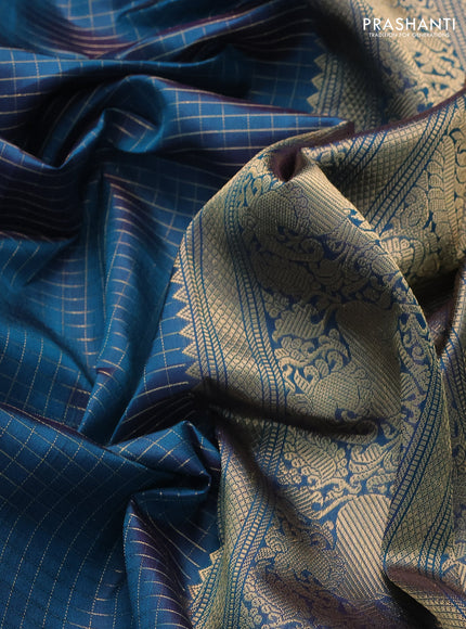 Pure kanchipuram silk saree dual shade of peacock blue with allover zari woven checked pattern and rettapet zari woven butta border