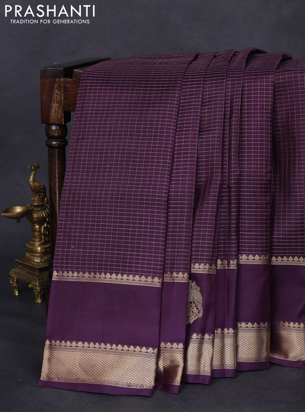 Pure kanchipuram silk saree deep purple with allover zari woven checked pattern and rettapet zari woven butta border