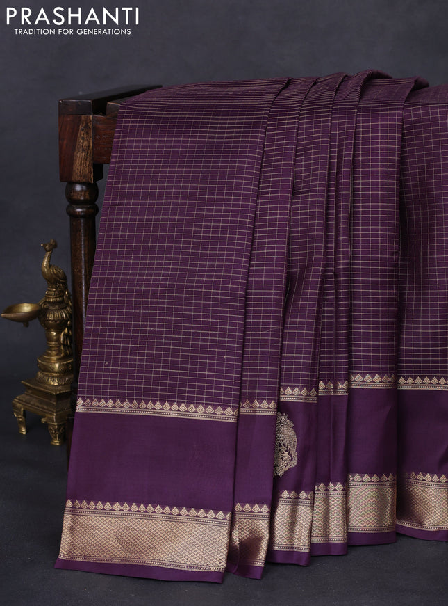 Pure kanchipuram silk saree deep purple with allover zari woven checked pattern and rettapet zari woven butta border