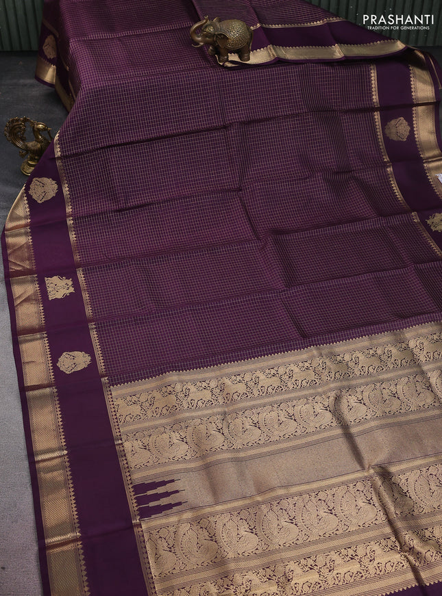Pure kanchipuram silk saree deep purple with allover zari woven checked pattern and rettapet zari woven butta border