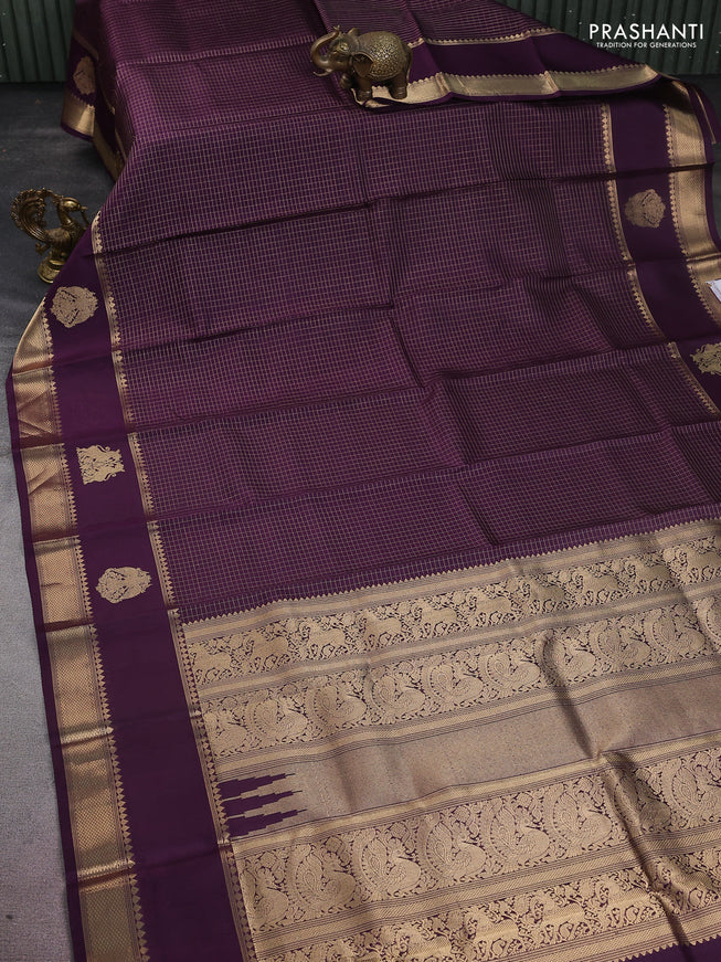 Pure kanchipuram silk saree deep purple with allover zari woven checked pattern and rettapet zari woven butta border