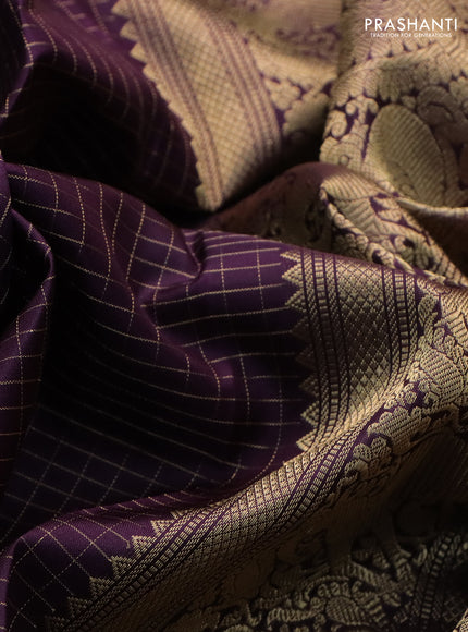 Pure kanchipuram silk saree deep purple with allover zari woven checked pattern and rettapet zari woven butta border
