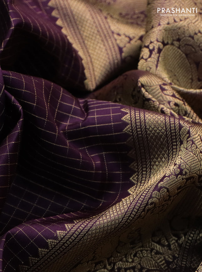 Pure kanchipuram silk saree deep purple with allover zari woven checked pattern and rettapet zari woven butta border