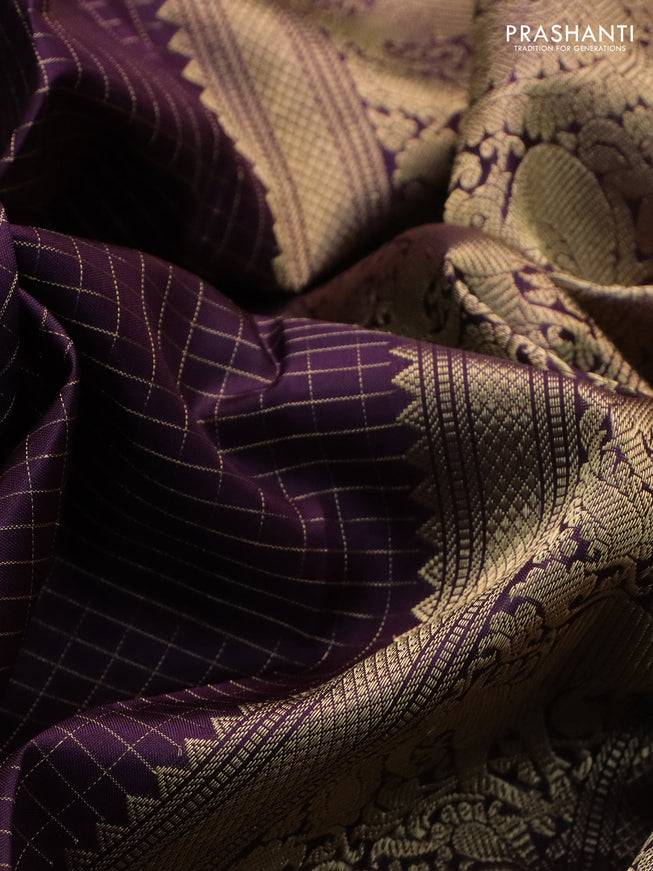 Pure kanchipuram silk saree deep purple with allover zari woven checked pattern and rettapet zari woven butta border