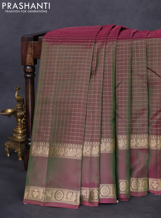 Pure kanchipuram silk saree dual shade of pinkish green with allover zari woven checked pattern and rettapet zari woven border
