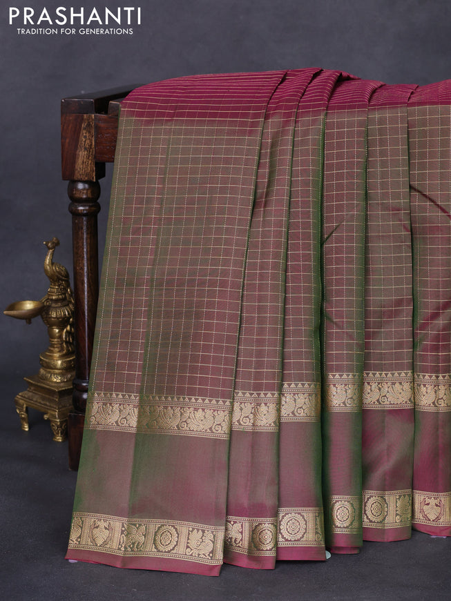 Pure kanchipuram silk saree dual shade of pinkish green with allover zari woven checked pattern and rettapet zari woven border