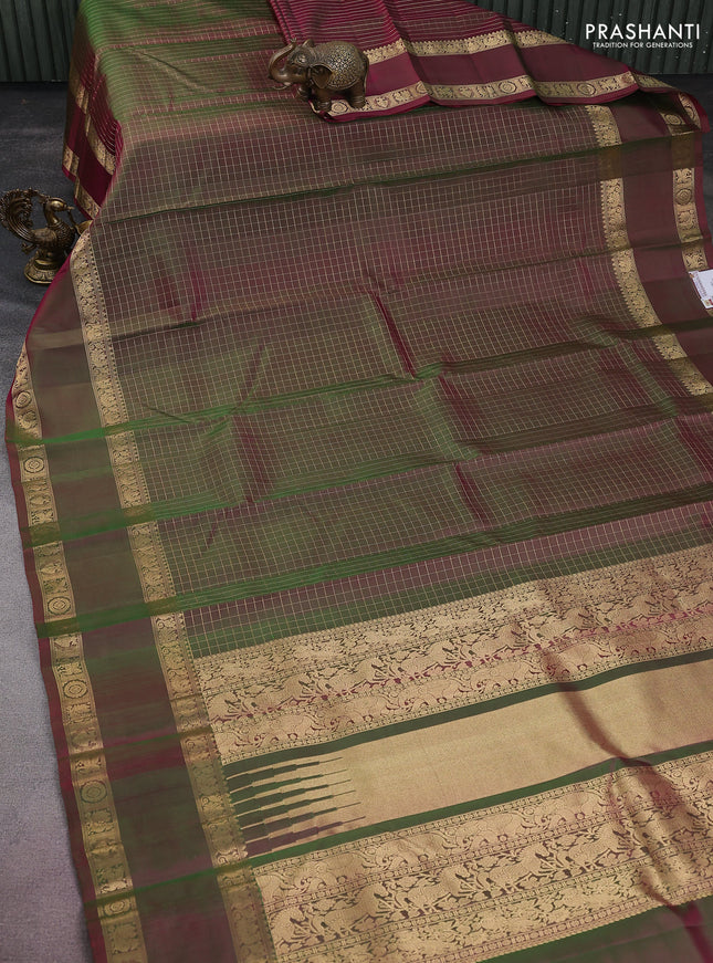 Pure kanchipuram silk saree dual shade of pinkish green with allover zari woven checked pattern and rettapet zari woven border