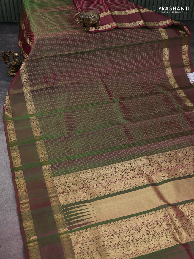 Pure kanchipuram silk saree dual shade of pinkish green with allover zari woven checked pattern and rettapet zari woven border