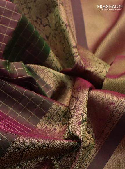 Pure kanchipuram silk saree dual shade of pinkish green with allover zari woven checked pattern and rettapet zari woven border