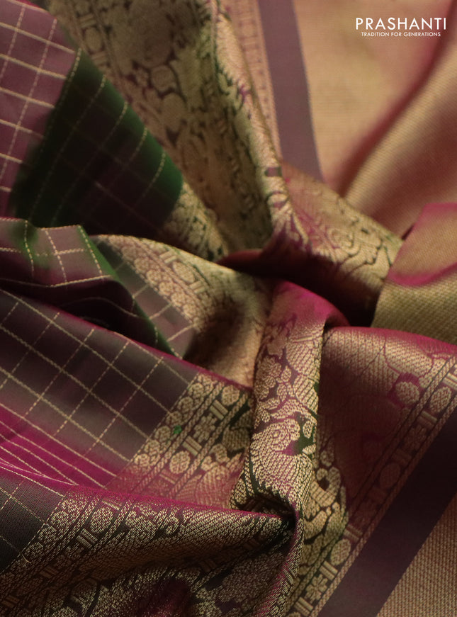 Pure kanchipuram silk saree dual shade of pinkish green with allover zari woven checked pattern and rettapet zari woven border
