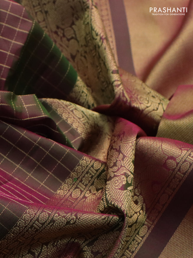 Pure kanchipuram silk saree dual shade of pinkish green with allover zari woven checked pattern and rettapet zari woven border