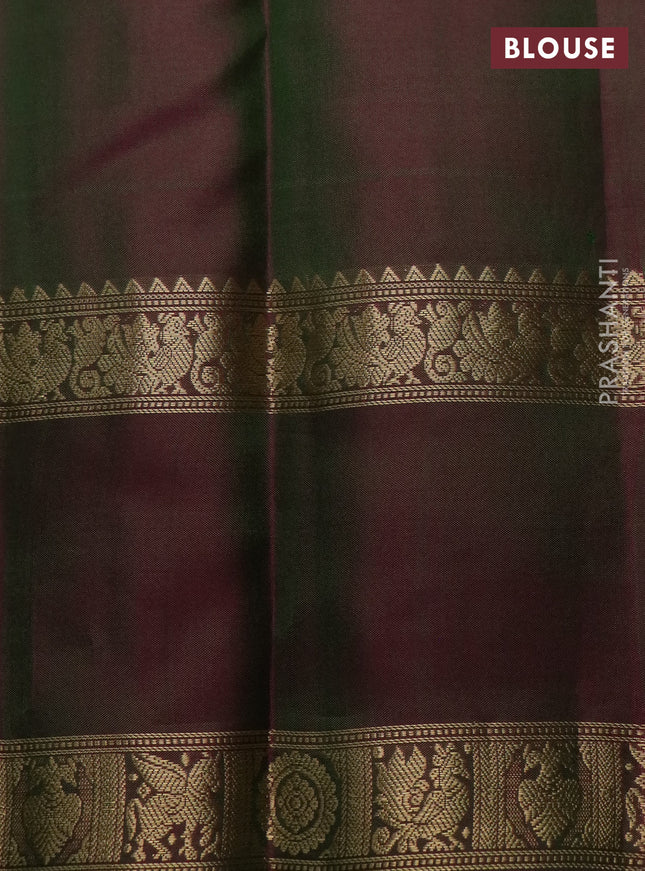 Pure kanchipuram silk saree dual shade of pinkish green with allover zari woven checked pattern and rettapet zari woven border
