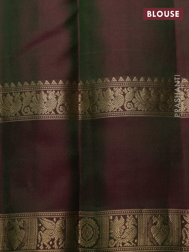Pure kanchipuram silk saree dual shade of pinkish green with allover zari woven checked pattern and rettapet zari woven border