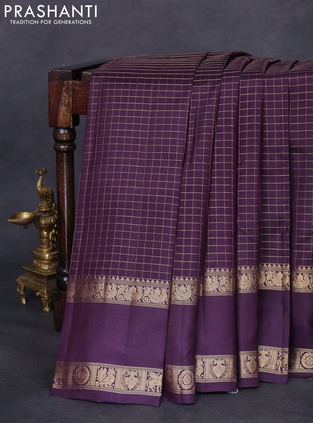 Pure kanchipuram silk saree wine shade with allover zari woven checked pattern and rettapet zari woven border