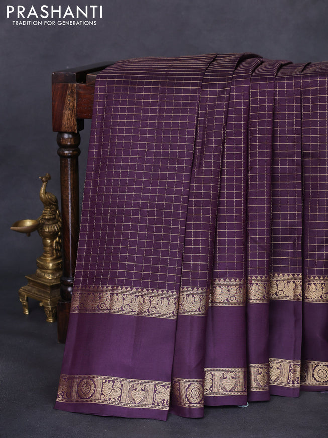 Pure kanchipuram silk saree wine shade with allover zari woven checked pattern and rettapet zari woven border