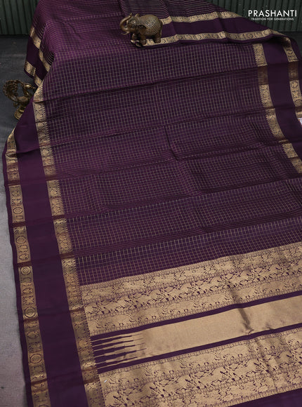 Pure kanchipuram silk saree wine shade with allover zari woven checked pattern and rettapet zari woven border