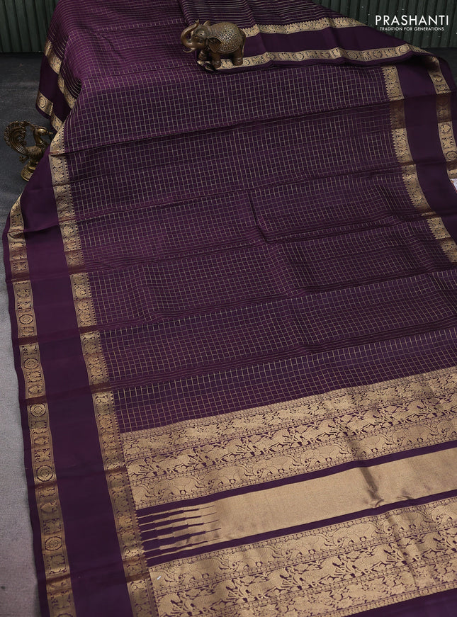 Pure kanchipuram silk saree wine shade with allover zari woven checked pattern and rettapet zari woven border