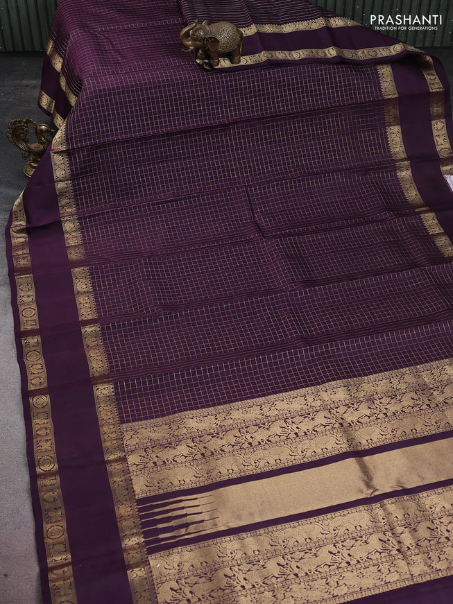 Pure kanchipuram silk saree wine shade with allover zari woven checked pattern and rettapet zari woven border
