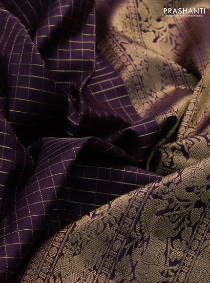 Pure kanchipuram silk saree wine shade with allover zari woven checked pattern and rettapet zari woven border