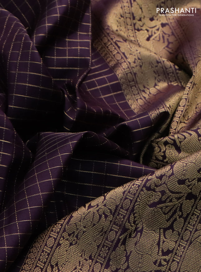 Pure kanchipuram silk saree wine shade with allover zari woven checked pattern and rettapet zari woven border