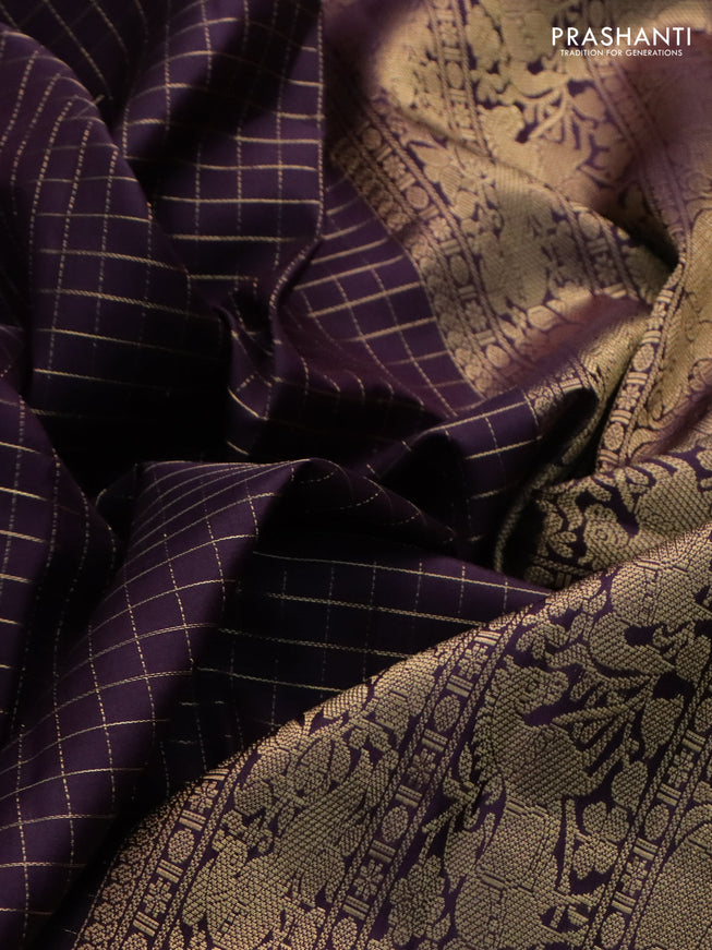 Pure kanchipuram silk saree wine shade with allover zari woven checked pattern and rettapet zari woven border
