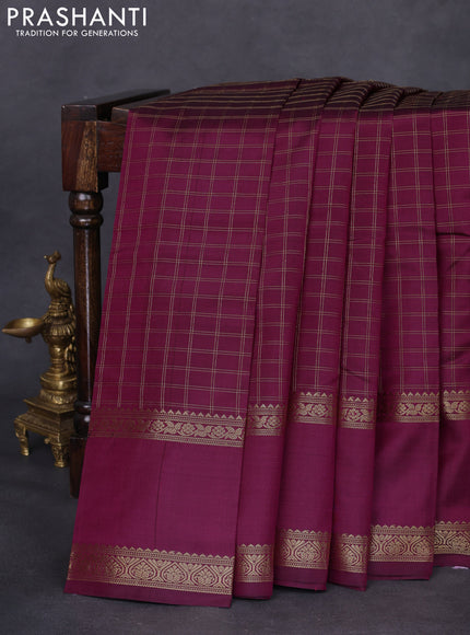 Pure kanchipuram silk saree dark magenta pink with allover zari woven checked pattern and rettapet zari woven border