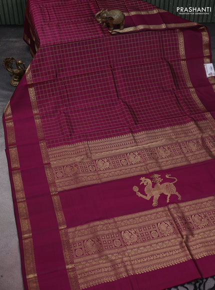 Pure kanchipuram silk saree dark magenta pink with allover zari woven checked pattern and rettapet zari woven border