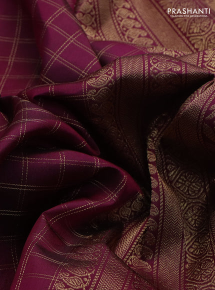 Pure kanchipuram silk saree dark magenta pink with allover zari woven checked pattern and rettapet zari woven border