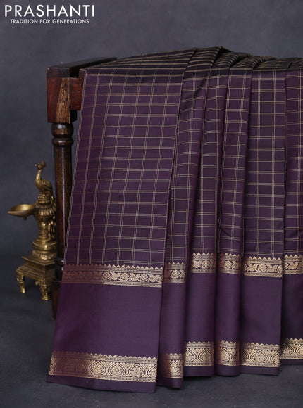 Pure kanchipuram silk saree wine shade with allover zari woven checked pattern and rettapet zari woven border