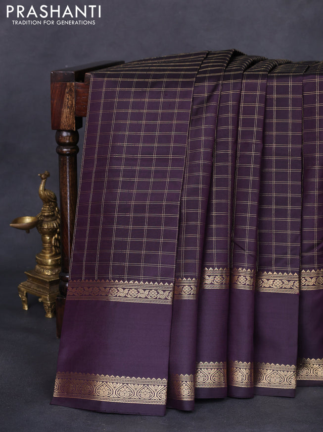 Pure kanchipuram silk saree wine shade with allover zari woven checked pattern and rettapet zari woven border