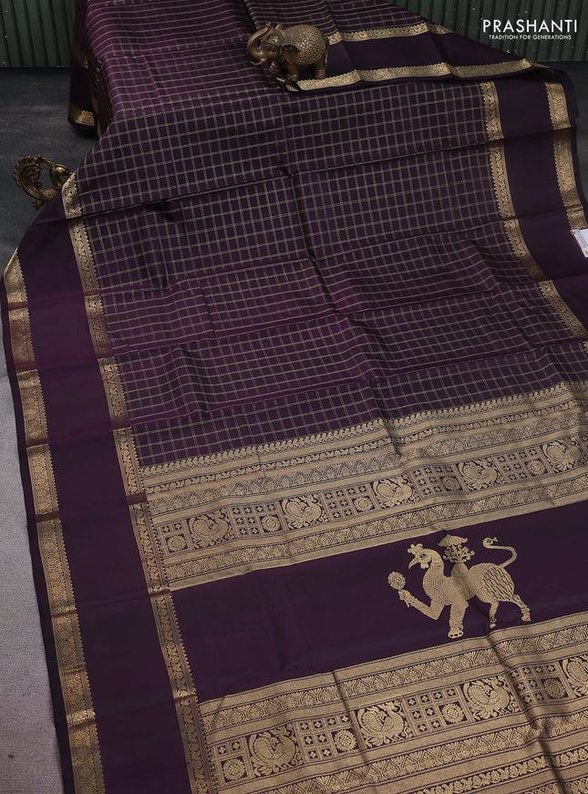 Pure kanchipuram silk saree wine shade with allover zari woven checked pattern and rettapet zari woven border
