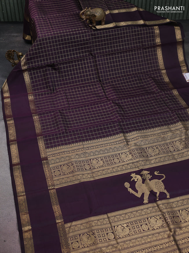 Pure kanchipuram silk saree wine shade with allover zari woven checked pattern and rettapet zari woven border