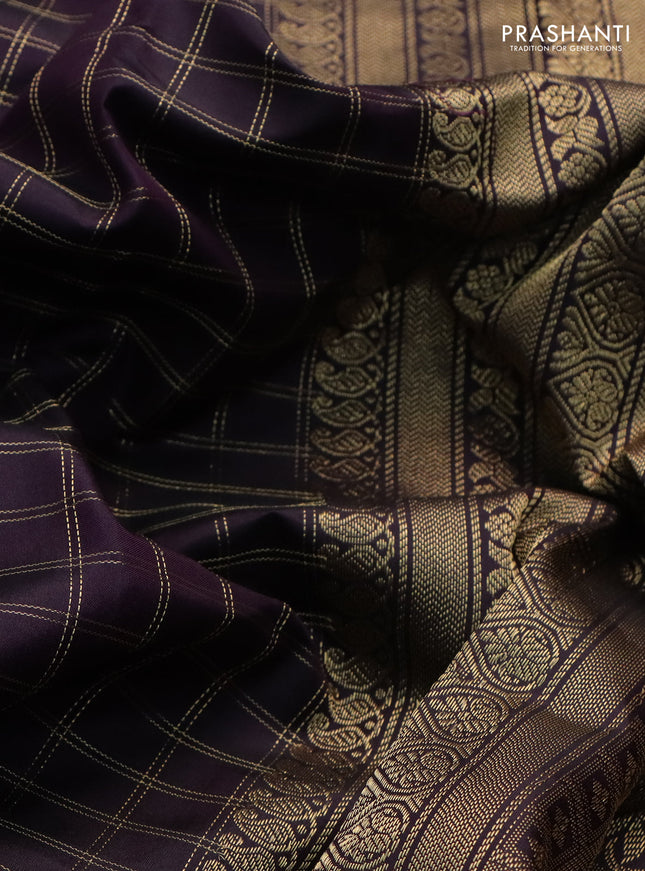 Pure kanchipuram silk saree wine shade with allover zari woven checked pattern and rettapet zari woven border