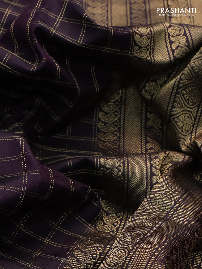 Pure kanchipuram silk saree wine shade with allover zari woven checked pattern and rettapet zari woven border