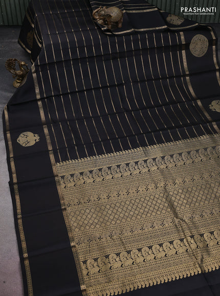 Pure kanchipuram silk saree black with allover zari woven veldhari weaves and long rettapet zari woven border