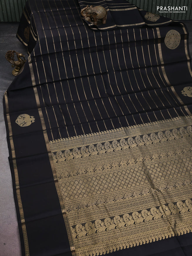 Pure kanchipuram silk saree black with allover zari woven veldhari weaves and long rettapet zari woven border