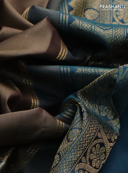 Pure kanchipuram silk saree chikku shade and peacock green with zari woven buttas and long rettapet zari woven border