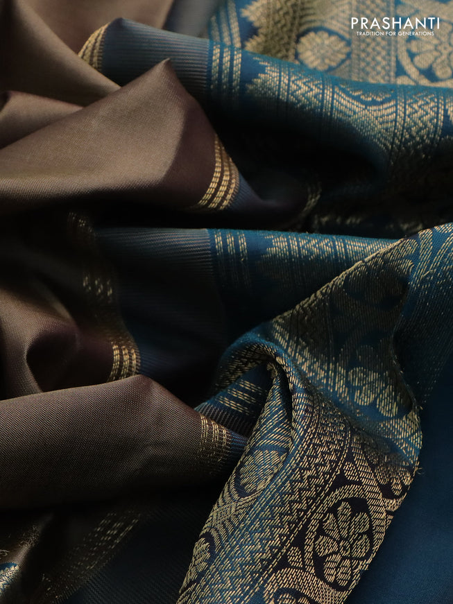 Pure kanchipuram silk saree chikku shade and peacock green with zari woven buttas and long rettapet zari woven border