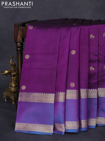 Pure kanchipuram silk saree purple and dual shade of blue with zari woven buttas and long rettapet zari woven border