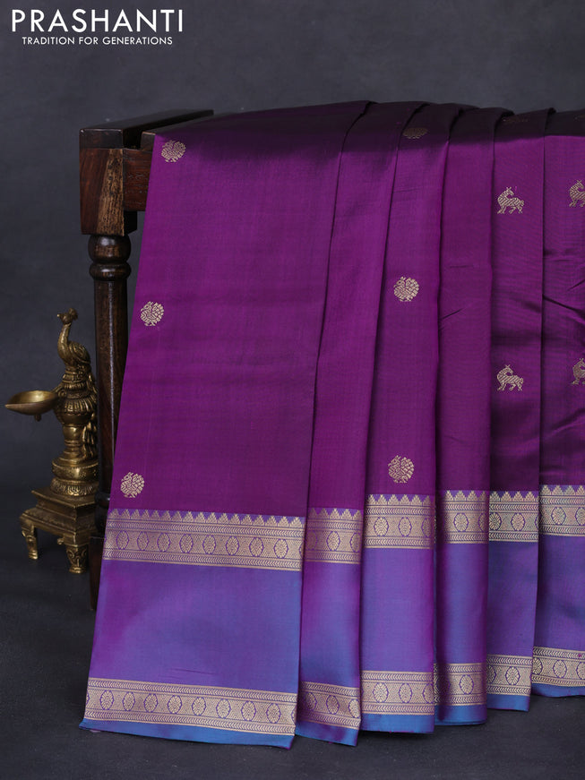 Pure kanchipuram silk saree purple and dual shade of blue with zari woven buttas and long rettapet zari woven border