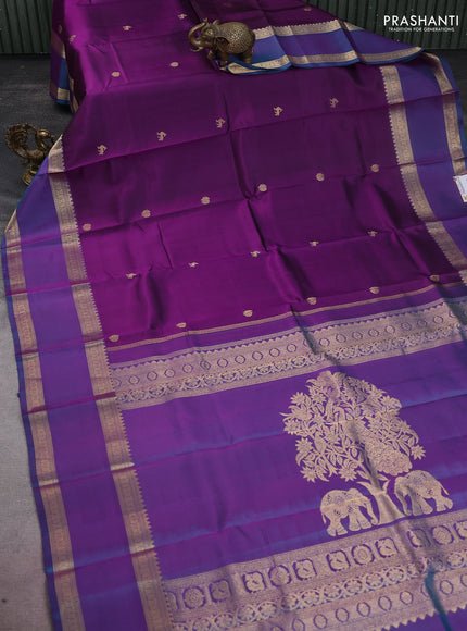 Pure kanchipuram silk saree purple and dual shade of blue with zari woven buttas and long rettapet zari woven border